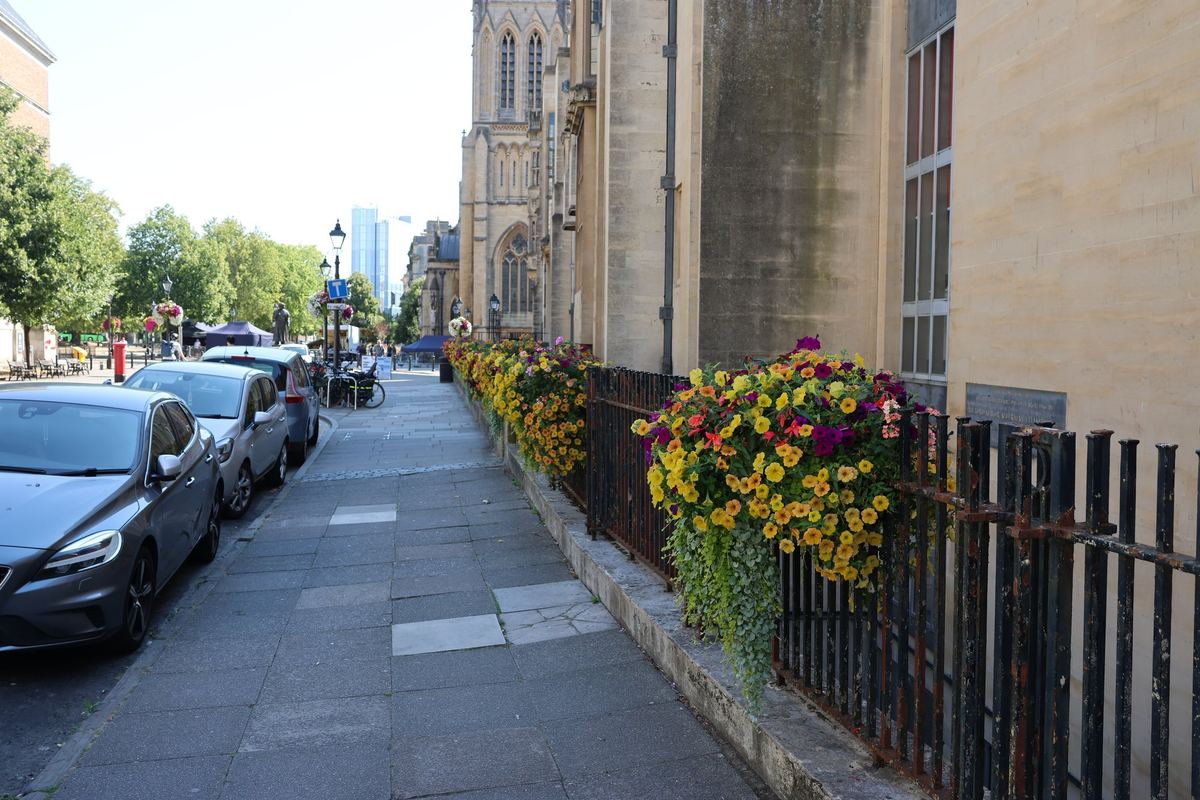 Flowers beside the Cathedral photographed in College Green, Bristol